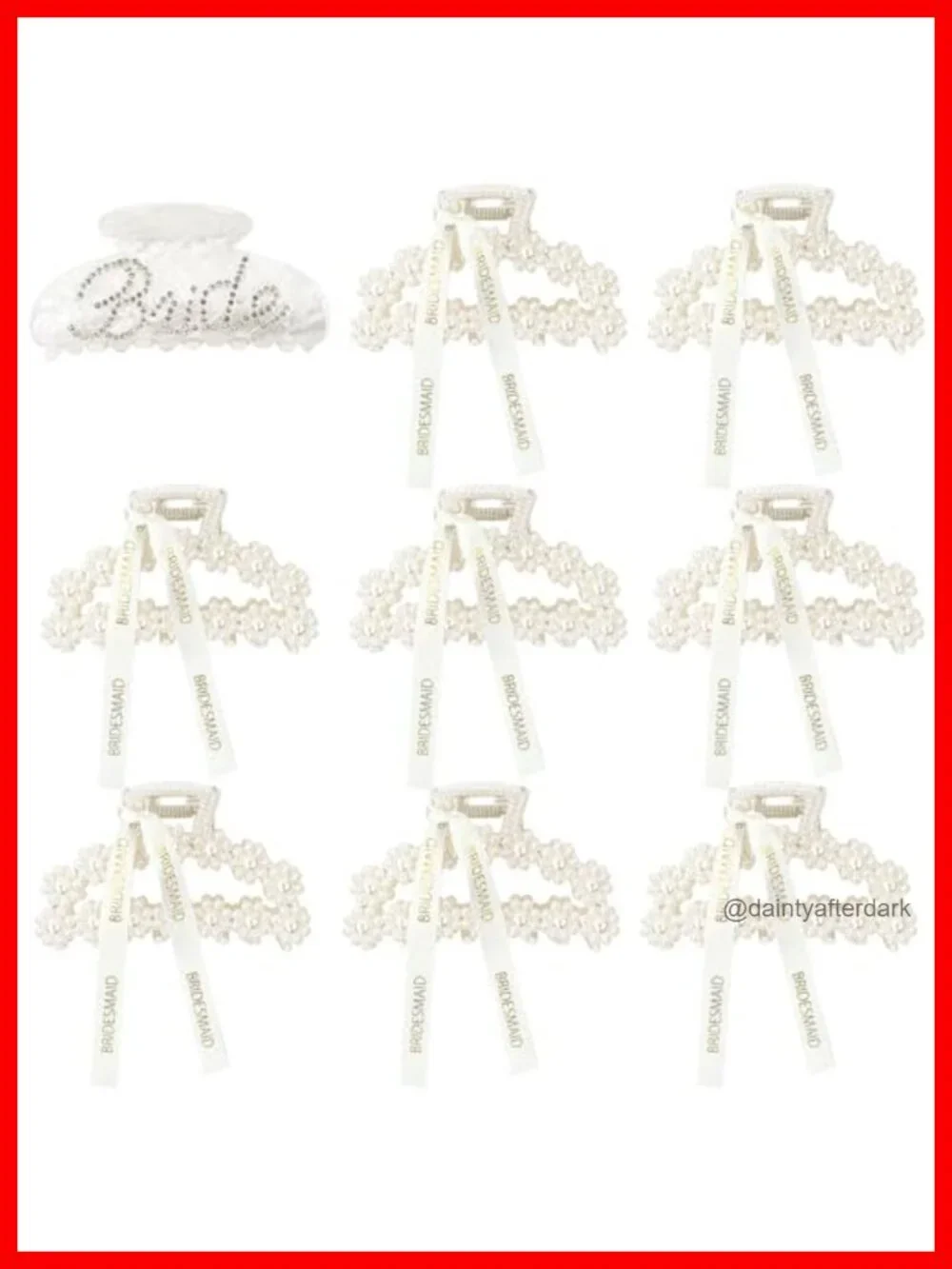9 Pack Pearl Bridesmaid Hair Claw Clips with Ribbon and Bride Rhinestone Clip